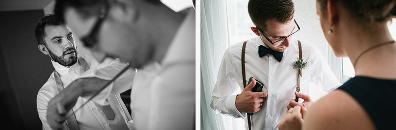 montreal wedding photographer groom putting on suspenders